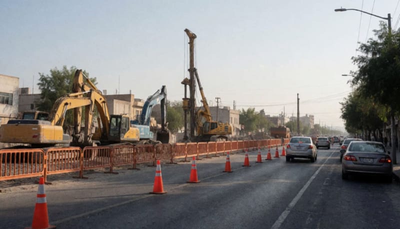 Obra con maquinaria y conos naranjas sobre una avenida de Ciudad Juárez