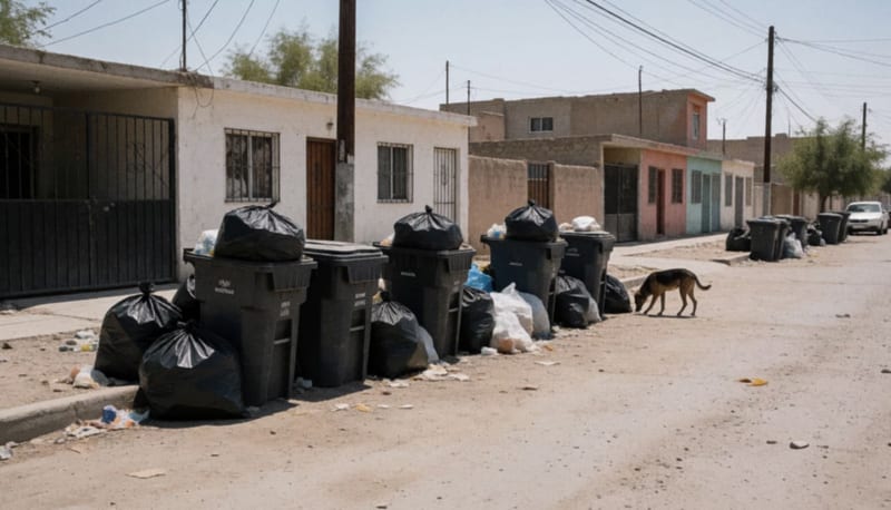 Bolsas negras de basura amontonadas en la banqueta de una calle polvorienta con casas bajas bajo un sol intenso
