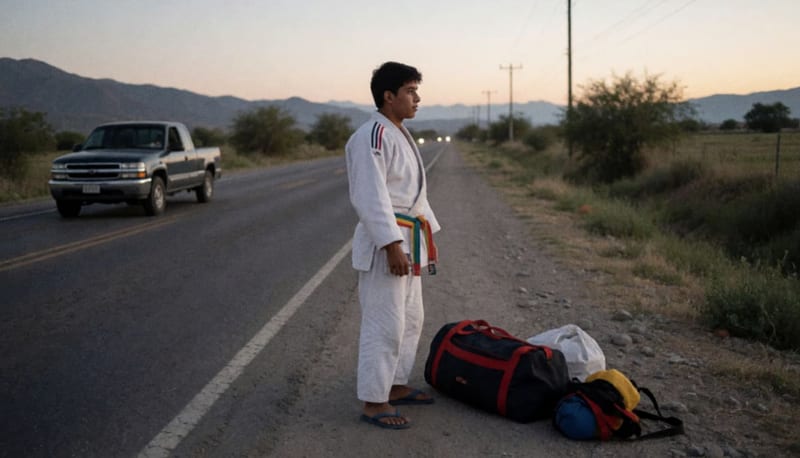 Judoka en uniforme blanco con equipaje listo para viaje a torneo nacional en una carretera del desierto