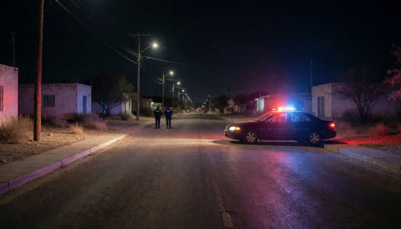 Calle residencial de noche con un auto oscuro detenido junto a la banqueta y luces rojas y azules sobre el pavimento