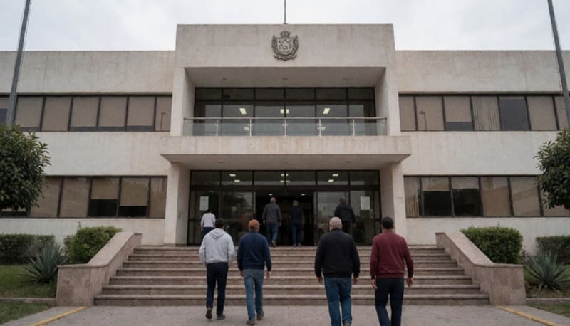 Edificio de juzgados con personas subiendo las escaleras, vistas de espaldas