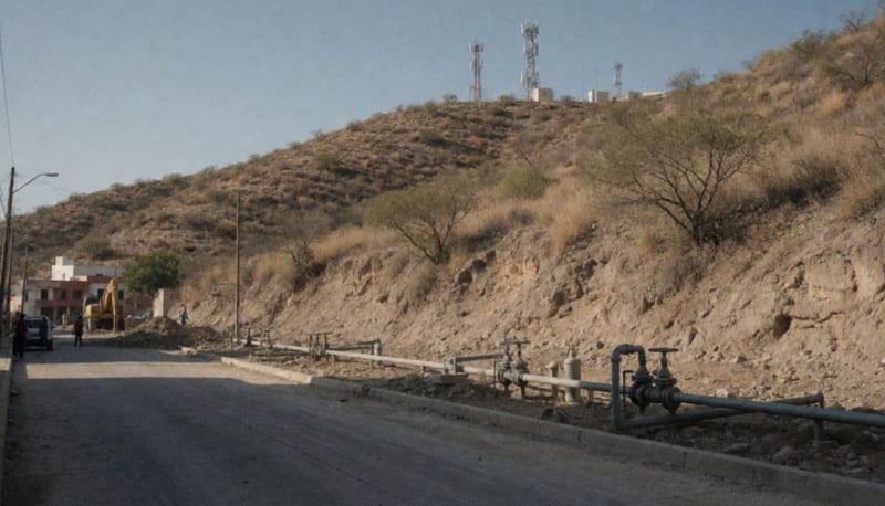 Tubería de agua y estructuras de torres celulares en terreno árido de Parral al atardecer