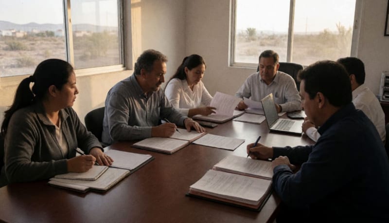Funcionarios y personal administrativo en una sala de reuniones revisando documentación de archivo