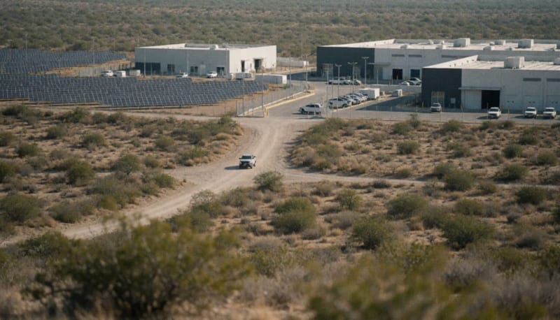 Instalación de logística moderna bajo el sol del desierto del norte mexicano, con estructuras de almacenamiento y vegetación escasa