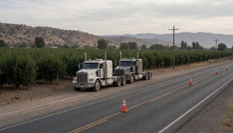 Dos tractocamiones estacionados en el acotamiento de una carretera rural rodeada de huertas y cerros secos bajo cielo nublado