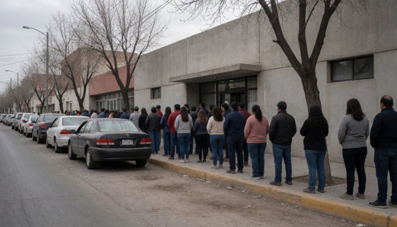 Fila de personas esperando de espaldas en la banqueta, frente a un edificio de oficinas de gobierno, en una mañana nublada