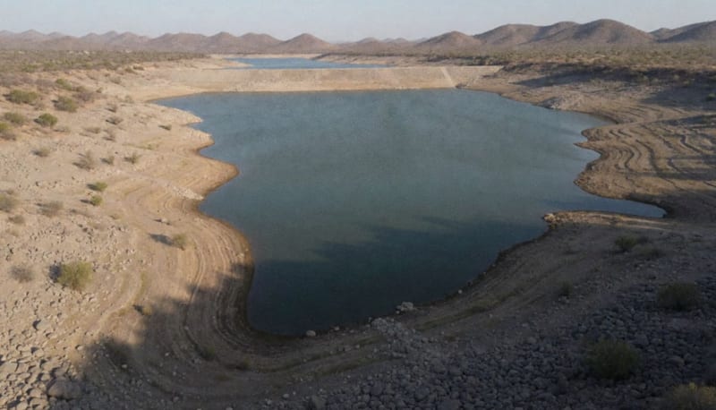 Presa semivacía rodeada de tierra reseca y bancos expuestos en un paisaje árido del norte de México