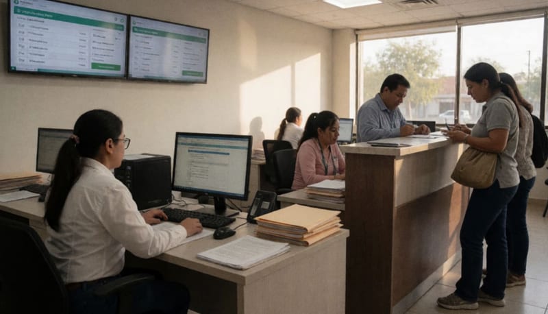 Trabajadores en oficina de servicios municipales atendiendo consultas sobre pagos de agua potable