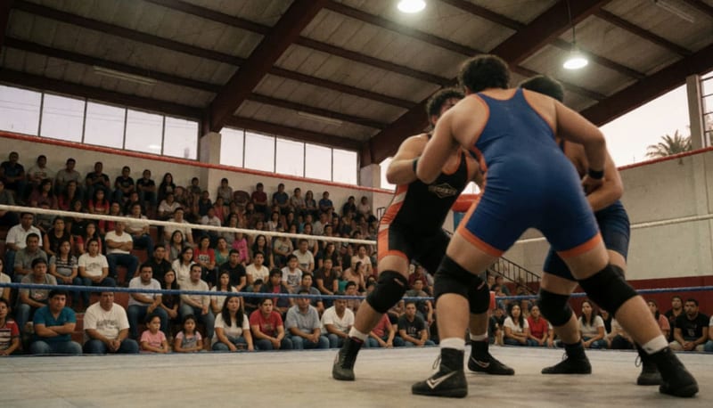 Luchadores en el cuadrilátero con público observando emocionado desde las gradas del gimnasio municipal