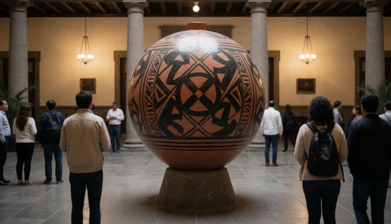 Una gran esfera de cerámica con patrones geométricos exhibida en un vestíbulo