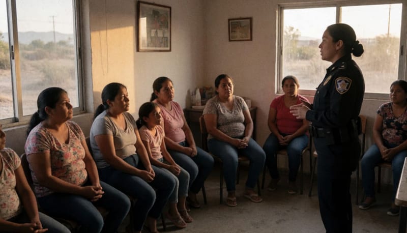 Policía municipal en uniforme conversando con vecinos en una comunidad de la zona oriente