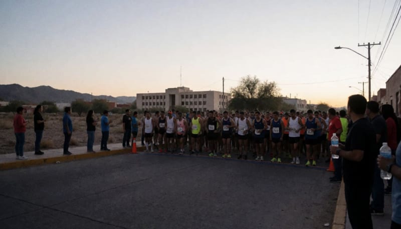 Grupo de corredores concentrados en la salida de una carrera matutina en la zona desértica de Delicias