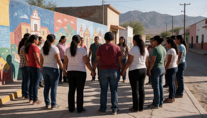Grupo de personas reunidas alrededor de un mural colorido en una plaza de Delicias, bajo el sol de la tarde