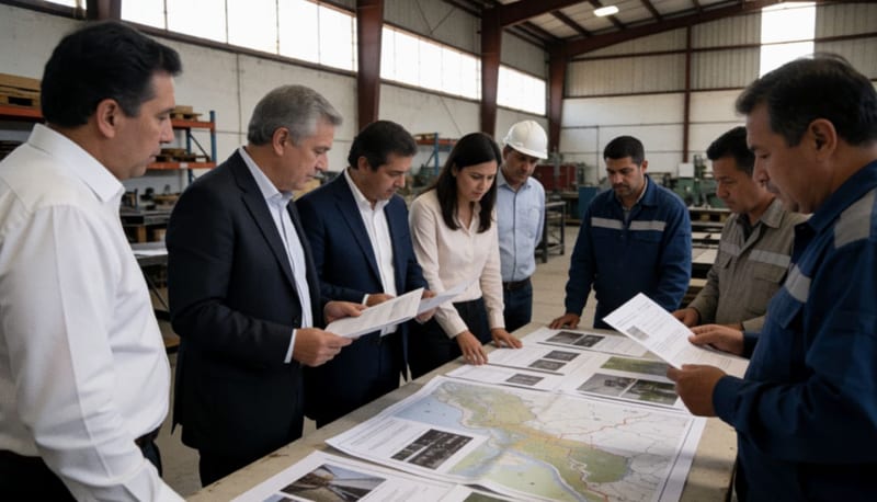 Profesionales y empresarios revisando documentos informativos sobre oportunidades industriales en una moderna instalación empresarial