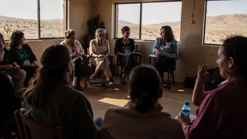 Mujeres en una sesión de terapia grupal en un centro comunitario del norte de México