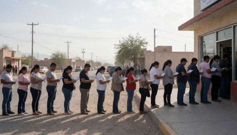 Fila de usuarios esperando afuera de oficina de atención a clientes de telefonía en Parral