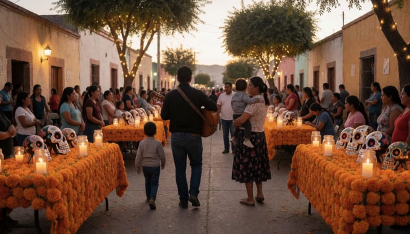 Familias caminan al atardecer por una plaza entre mesas con flores de cempasúchil, veladoras encendidas y calaveras de azúcar