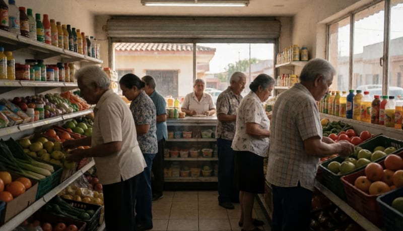 Adultos mayores comprando productos en una tienda de abarrotes de la localidad