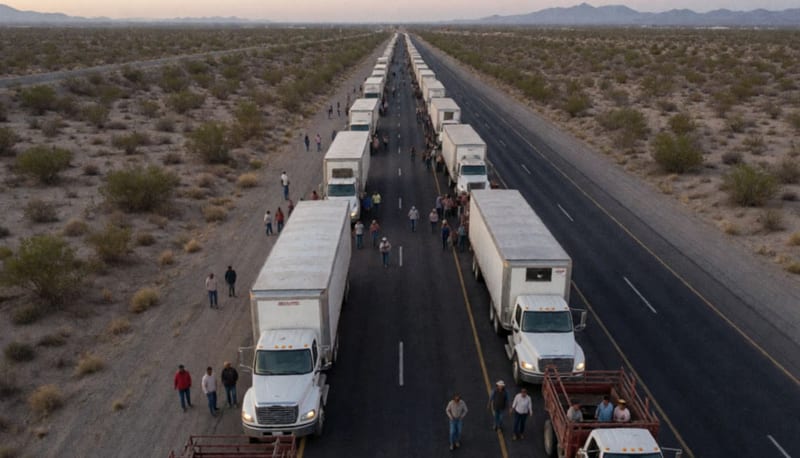 Carretera bloqueada en Delicias con camiones de ganadería y productores en protesta