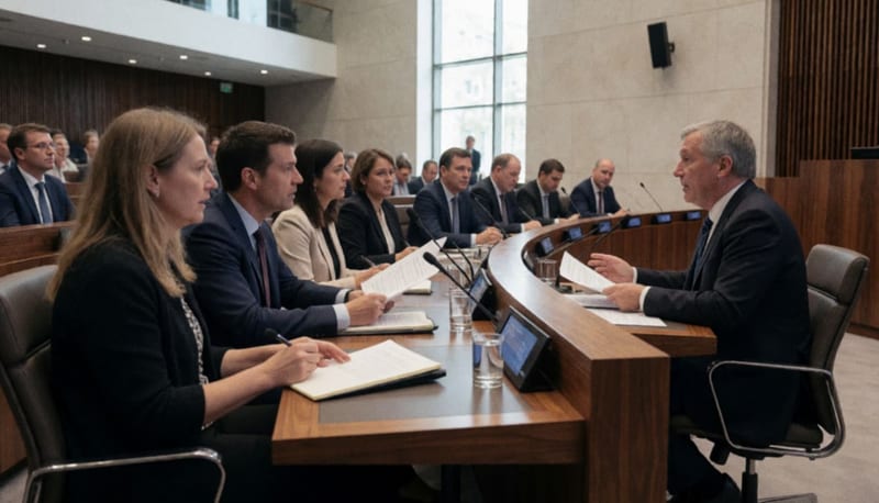 Legisladores reunidos en sesión discutiendo iniciativas de ley en una cámara oficial