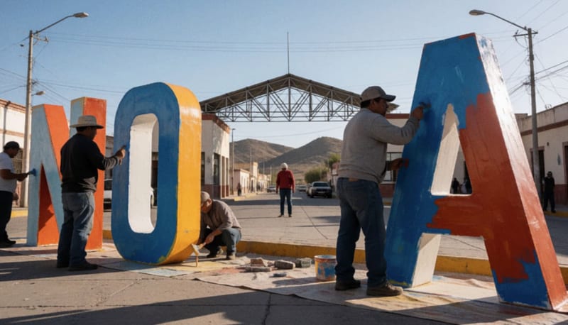 Instalación de letras monumentales sobre una calle de plaza municipal con cerros del desierto al fondo