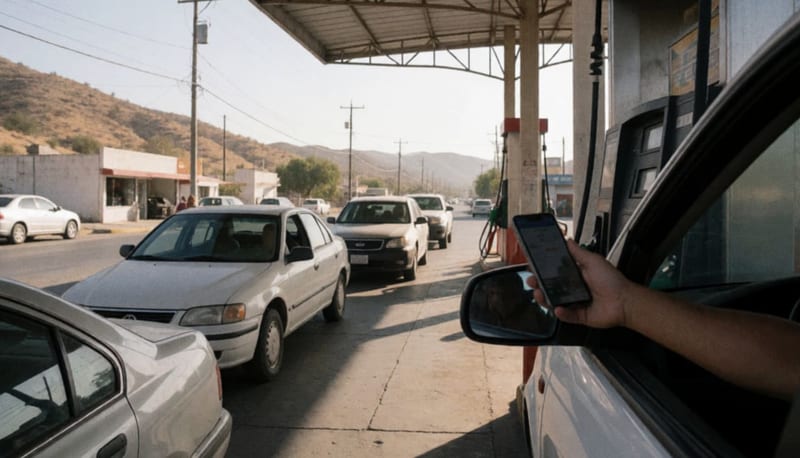 Conductor acercando un teléfono celular a una bomba de combustible en una gasolinera junto a una carretera del desierto