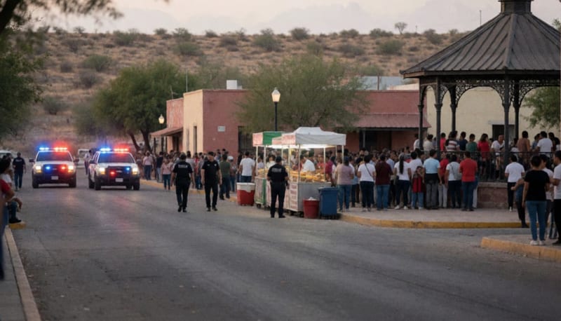 Operativo de seguridad durante celebraciones patrias en una plaza chihuahuense al atardecer
