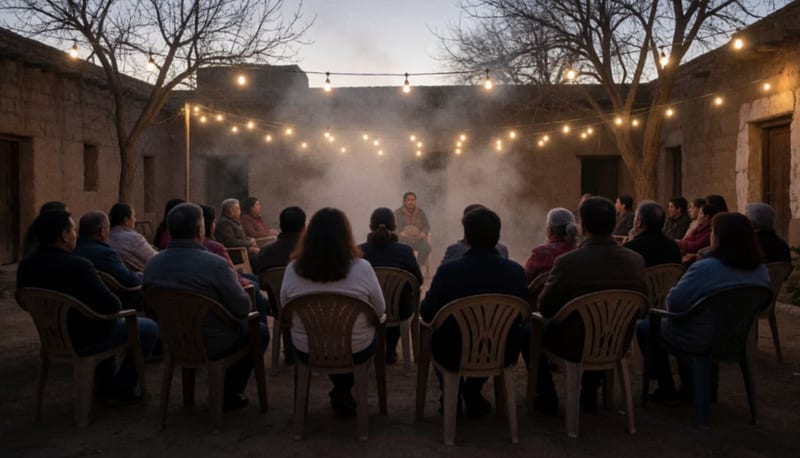 Grupo de personas sentadas en sillas de plástico en un patio al anochecer, con luces cálidas y neblina entre muros antiguos