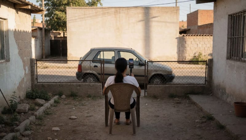 Joven de espaldas grabando un video con su celular en un patio sencillo, con un auto compacto estacionado al fondo