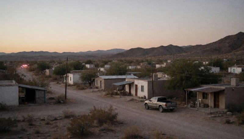 Viviendas dispersas en el terreno árido de una comunidad rural del desierto chihuahuense al atardecer