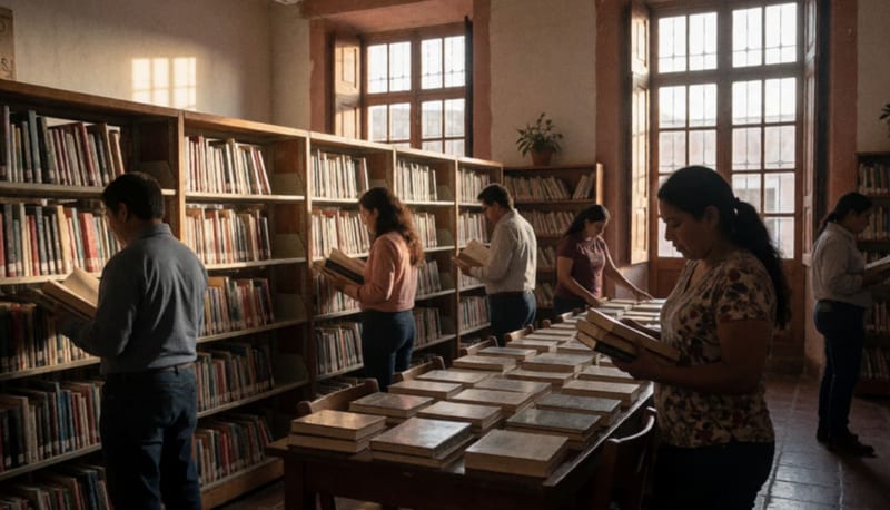 Interior de librería municipal con visitantes explorando libros entre estanterías de madera