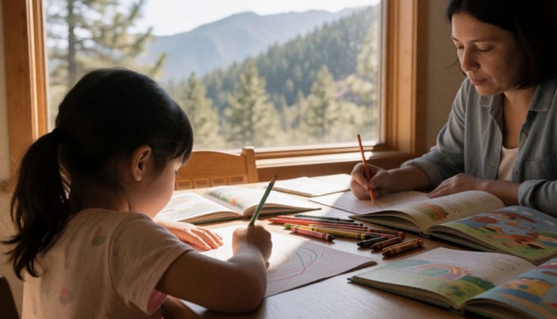 Niña dibujando con lápices de colores en una mesa de madera junto a un adulto, con montañas boscosas al fondo