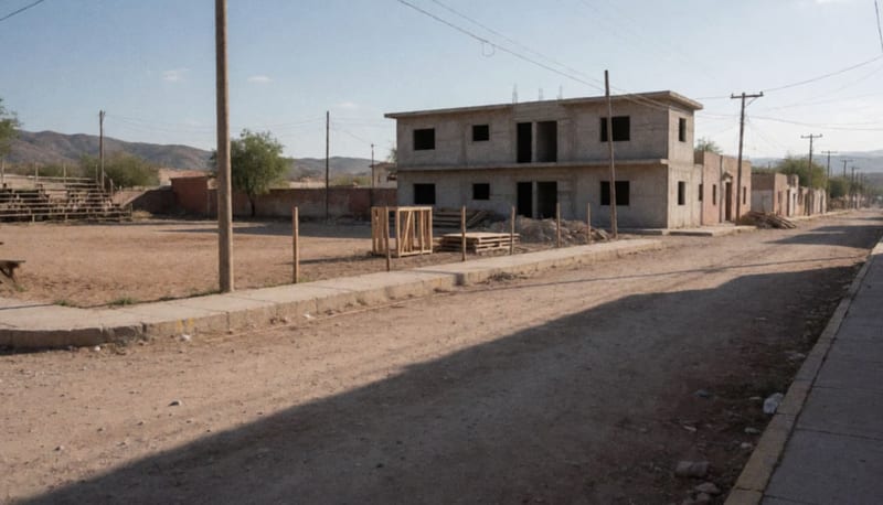 Obras de infraestructura en construcción en una comunidad rural de Camargo con edificio de concreto y campo de béisbol de fondo