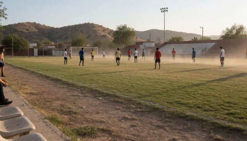Jugadores durante un entrenamiento en una cancha de futbol del municipio de Parral al atardecer