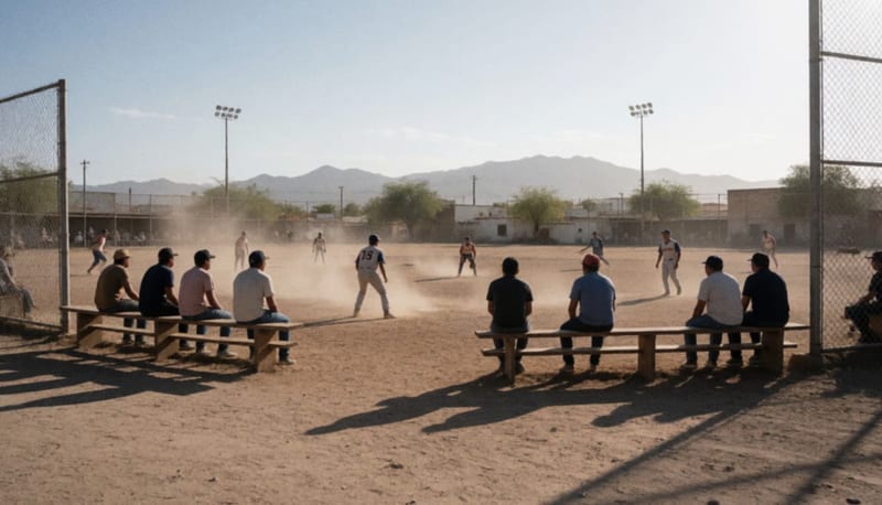 Jugadores disputando un partido de softbol en un campo de tierra bajo el sol del desierto chihuahuense