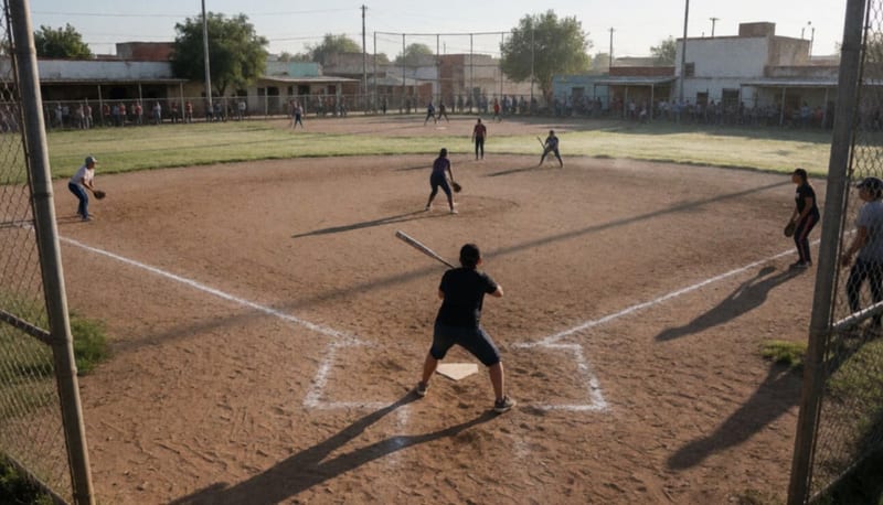 Campos de softbol con equipos en acción durante una jornada de competencia en Parral
