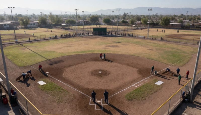 Campos de softbol listos con equipos preparándose para la jornada de competencia municipal
