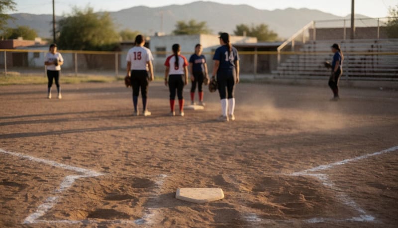 Jugadores dispersos en la cancha de softbol tras una jugada, con el diamante de tierra y montañas de fondo