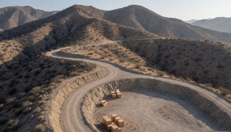 Vista aérea de un terreno árido y montañoso con un camino de terracería y una excavación vacía al atardecer