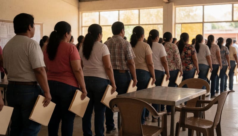 Personas formadas con folders en las manos dentro de un salón amplio con sillas de plástico y mesa metálica