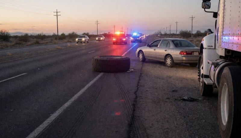 Automóvil dañado sobre la carretera con una llanta desprendida visible en el asfalto