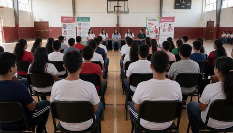 Estudiantes de educación básica reunidos en un gimnasio durante una jornada de prevención de salud mental
