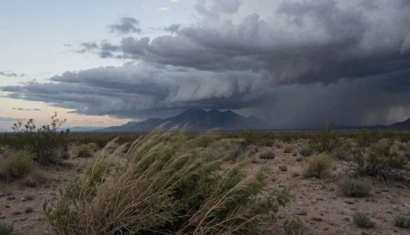 Nubes grises aproximándose sobre el desierto de Chihuahua con vientos agitando la vegetación local