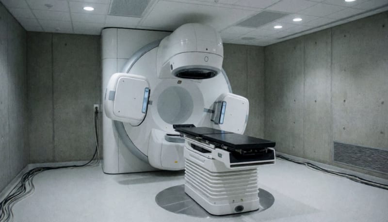 Sala de radioterapia vacía con un equipo médico circular blanco y una camilla al centro