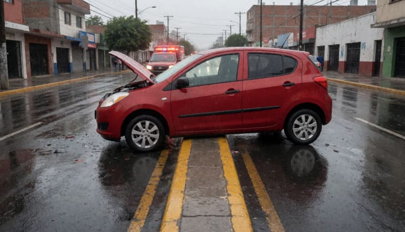 Auto volcado con carrocería destrozada sobre una avenida mojada en la capital chihuahuense