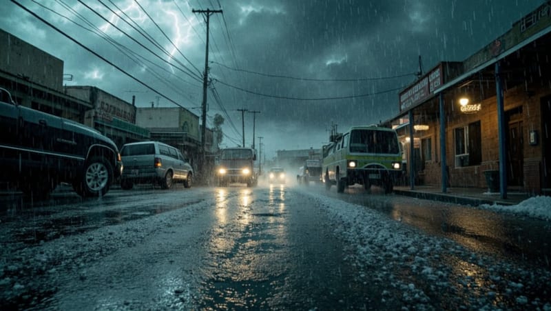 Calle anegada de una ciudad del norte mexicano durante tormenta con lluvia y granizo cayendo intensamente