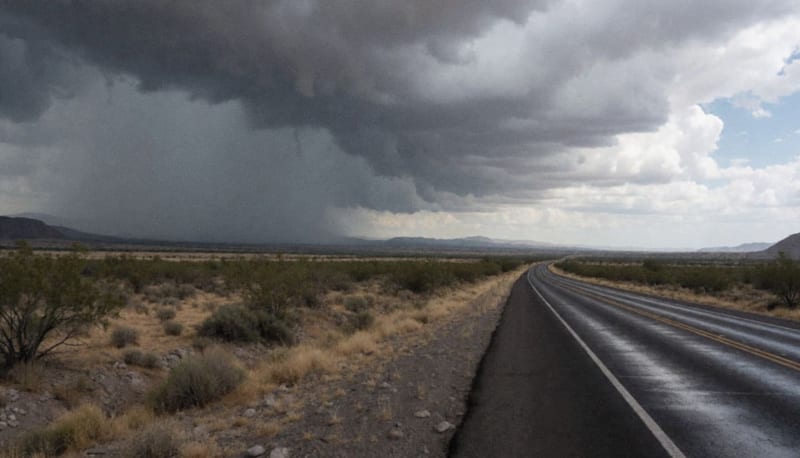 Nubes de tormenta sobre un valle seco de Chihuahua y una carretera con el asfalto mojado