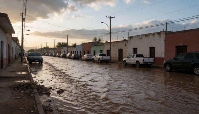 Calle inundada con corriente de agua en una localidad del norte de México tras lluvias intensas