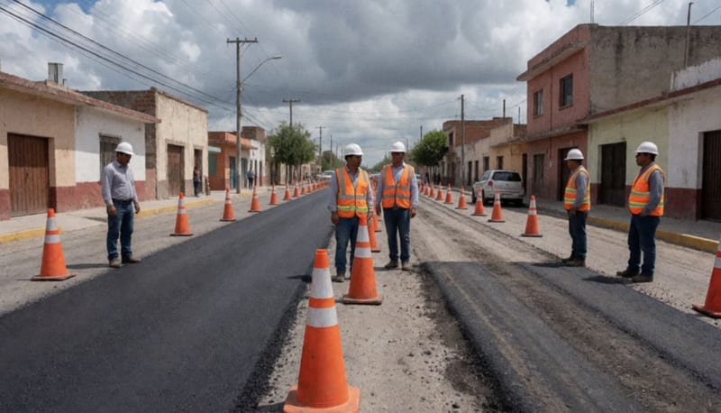 Sección de calle siendo repavimentada bajo cielo nublado en una ciudad del norte de México
