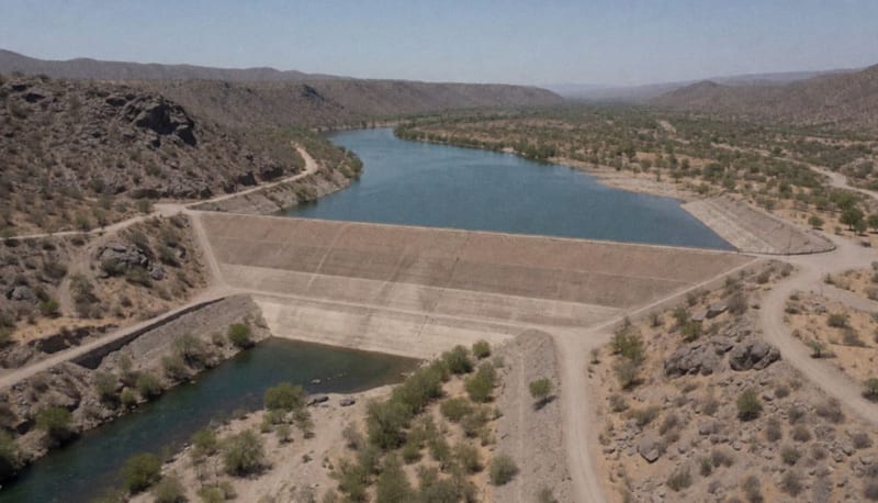 Vista aérea de la presa La Boquilla en el desierto de Chihuahua con agua parcialmente acumulada